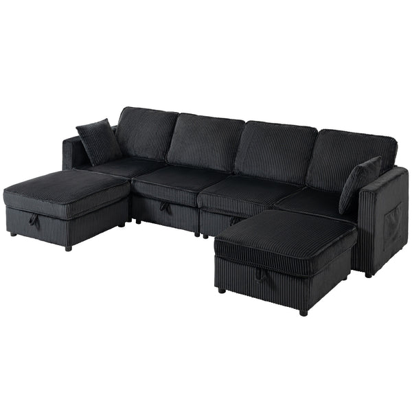 U-shaped corduroy sofa with double storage ottoman, under-seat storage, 4 cushions, dark grey