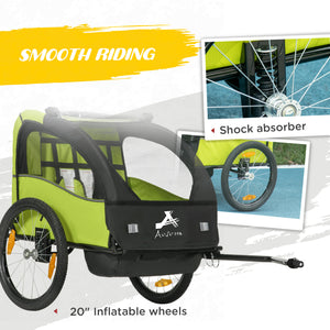 2-seater bicycle trailer with 5-point harness, 20-inch wheels, green