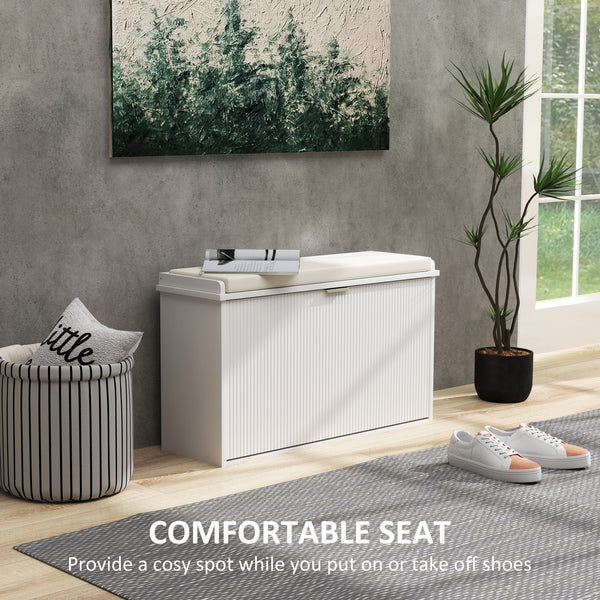 Hallway bench with upholstered seat and drop-down drawers, white