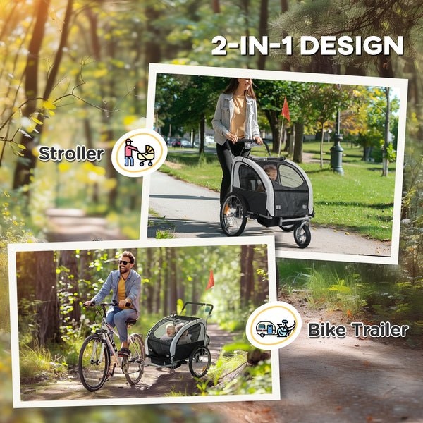 2-in-1 bike trailer with 5-point harness, rubber wheels, storage bag, black