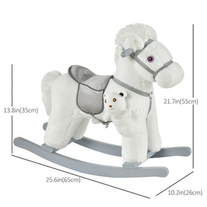 Plush Rocking Horse with Teddy Bear, White