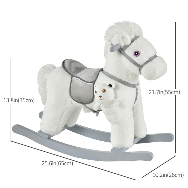 Plush Rocking Horse with Teddy Bear, White
