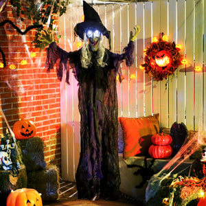 Life-size animated hanging witch for Halloween with light-up LED eyes,