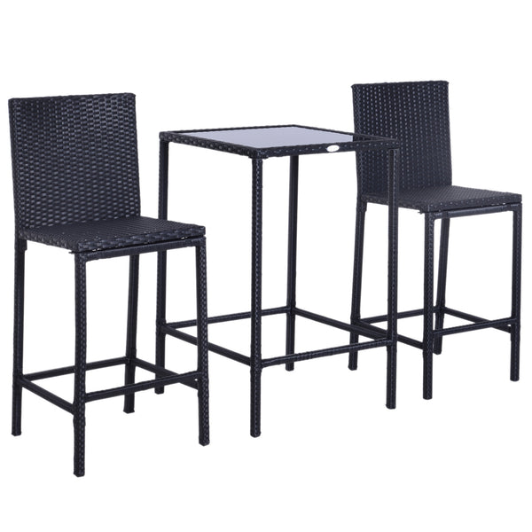 3 Piece Wicker Rattan Garden Bar Set, Bar Stool and Table for Patio, Black