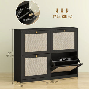 Rattan shoe cabinet with 4 drop-down drawers and adjustable shelves for 20 pairs, black