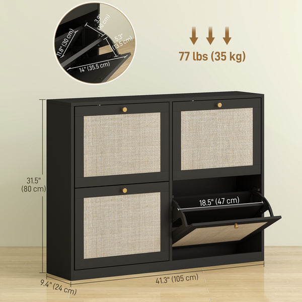 Rattan shoe cabinet with 4 drop-down drawers and adjustable shelves for 20 pairs, black