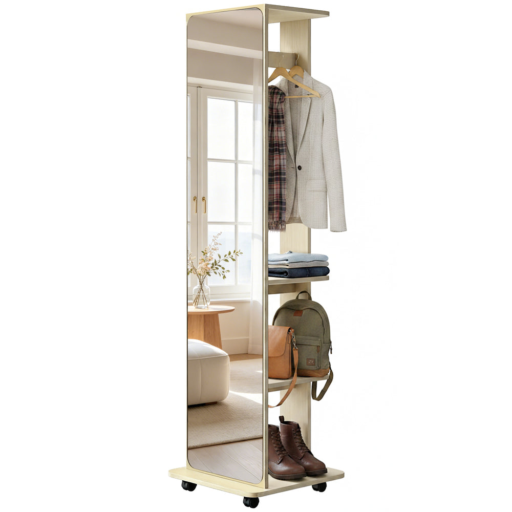 Freestanding mirror in tempered glass, on casters, with storage shelves and hooks, in natural wood.