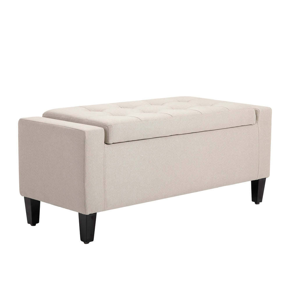 Upholstered storage ottoman bench in linen-feel fabric with folding top, beige