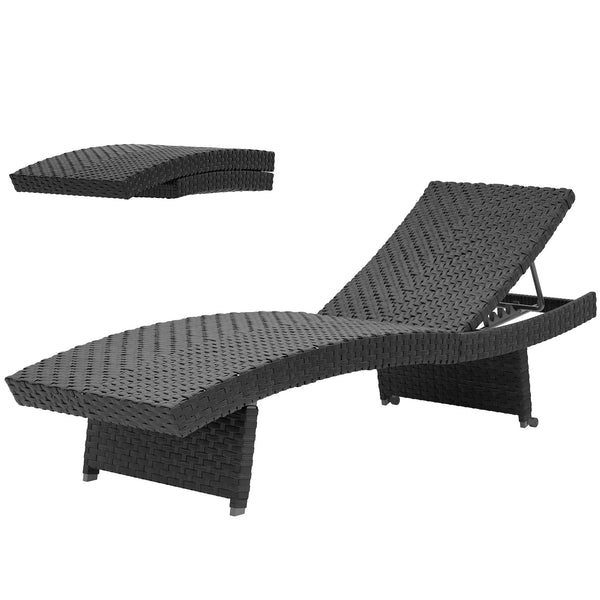 Folding wicker chaise lounge with 4-position adjustable backrest, black 