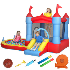 Château gonflable pour enfants avec toboggan, piscine à balles, panier de basket et souffleur pour une utilisation intérieure et extérieure.