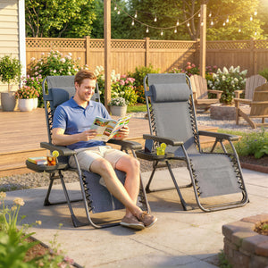 Set of 2 foldable and reclinable outdoor lounge chairs with cup holder and headrest, dark grey