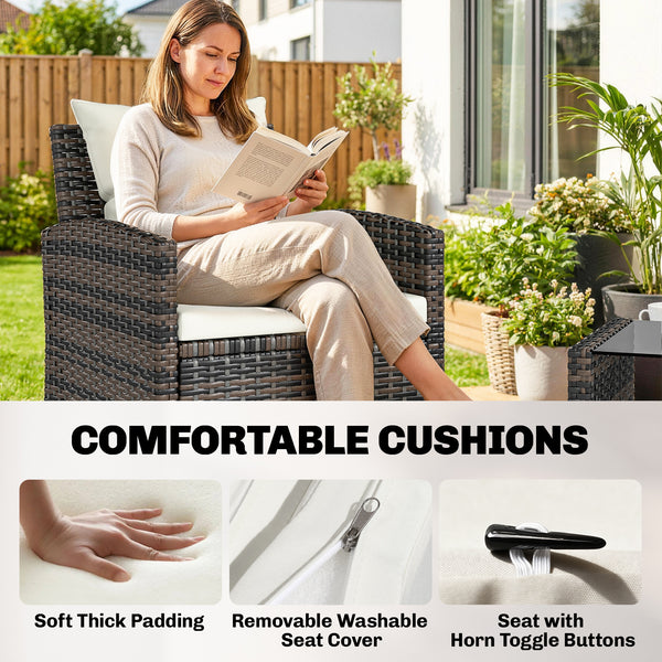 4-Piece Wicker Rattan Conversation Set with Two-Seater Sofa, Chairs and Two-Tier Table with Cushions, Beige.