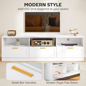 TV stand with 3 cabinets and 3 open shelves, for TVs up to 85 inches, white