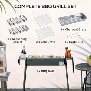 Portable charcoal barbecue with side spice baskets, dark green