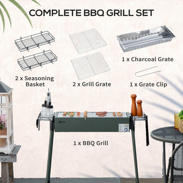Portable charcoal barbecue with side spice baskets, dark green