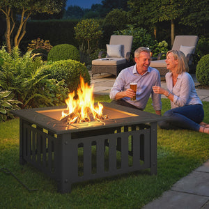 Outdoor Fire Pit with Poker, Square Steel Wood Burning Fire Pit with Mesh Cover, Fireplaces, Black