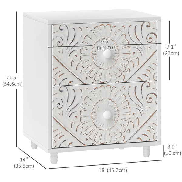 Mid-century style bedside table with 2 drawers, white