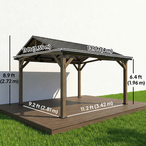 Rigid garden canopy with galvanized steel roof, fir wood frame and central patio hook, black and gray