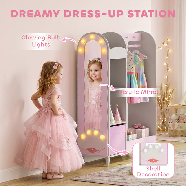 Children's wardrobe with illuminated mirror, hanging rail and storage, white/pink