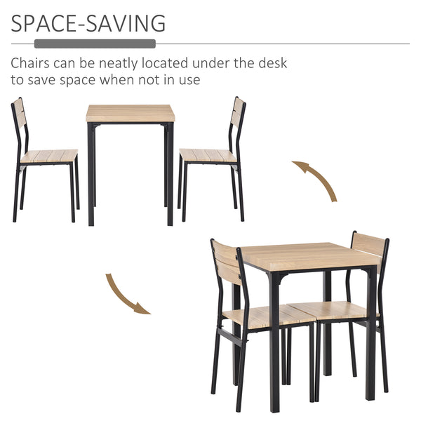 3-piece table and chairs set with metal legs, in natural wood.