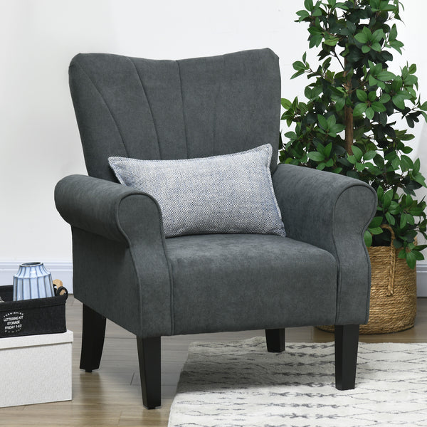 Modern fabric accent chair with wooden legs, dark gray
