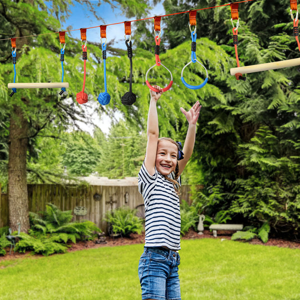 Ninja Slackline Set, 30-Piece, 10m Rope with Obstacles, Climbing Frame, Playset Equipment for Children Aged 3-6