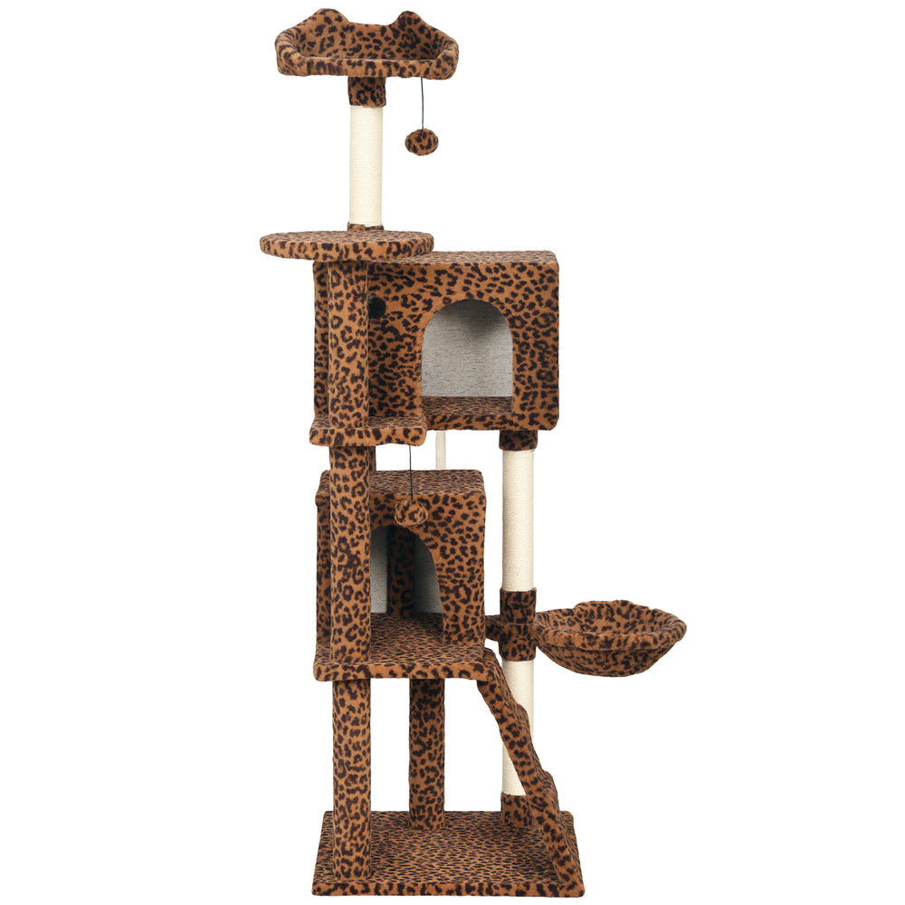 160cm Cat Tree with Sisal Scratching Posts, Cabins, Soft Perches, Hammock, Leopard Print