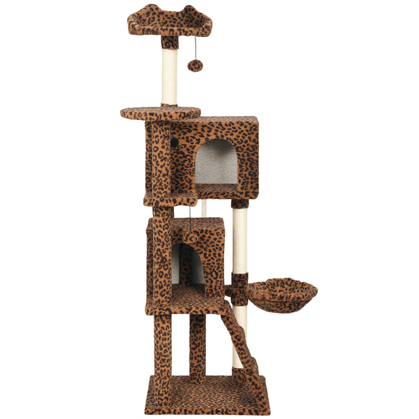 160cm Cat Tree with Sisal Scratching Posts, Cabins, Soft Perches, Hammock, Leopard Print