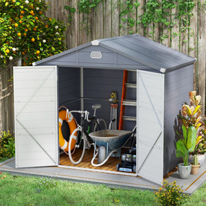 Plastic garden shed with latch door, ventilation, sloping roof, light grey
