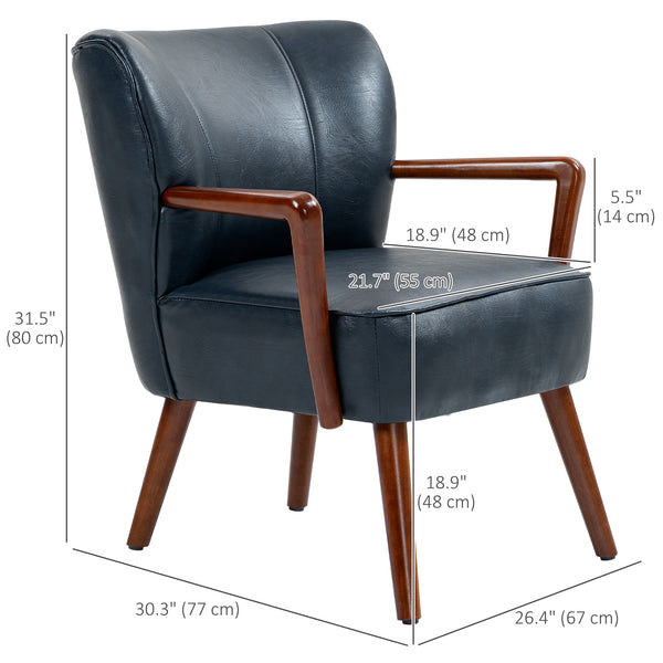 Upholstered faux leather accent chair with wooden legs, blue