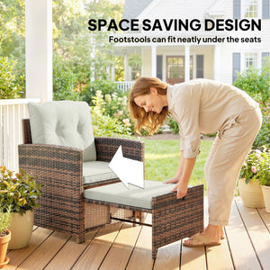 5 Piece Patio Furniture Set, Wicker Patio Chairs with Ottomans, 2-Tier Glass Coffee Table and Cushions, Brown/Cream