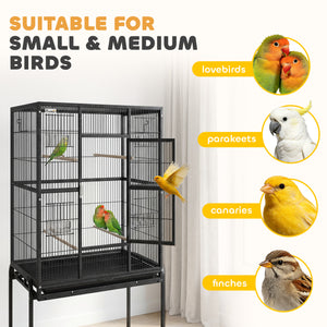 Large bird cage with rolling stand, 4 perches and 4 feeders – Black