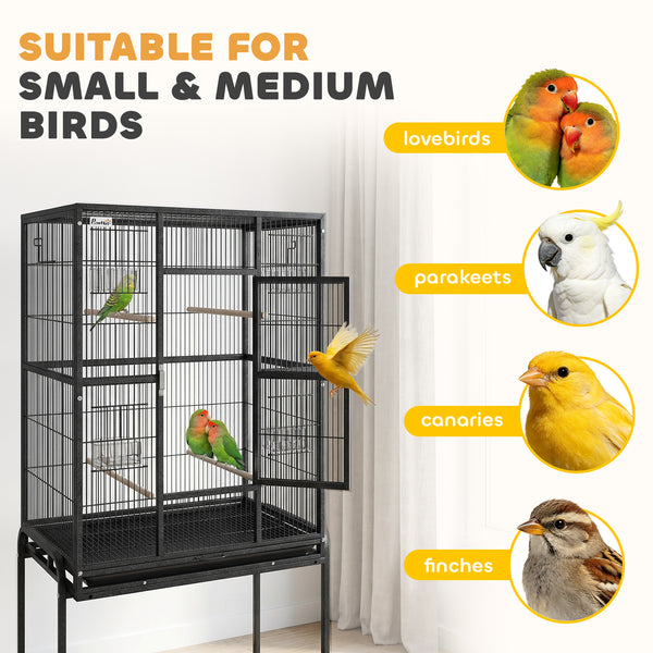 Large bird cage with rolling stand, 4 perches and 4 feeders – Black
