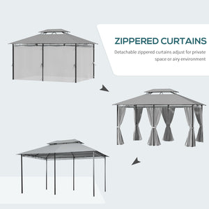 10' x 13' Gazebo, 2-Tier Outdoor Sun Shelter with Curtains, Dark Gray