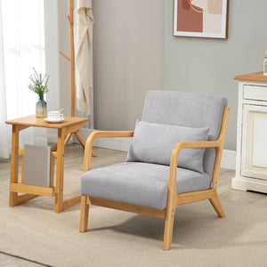 Fabric lounge chair with wooden legs and thick padding, gray