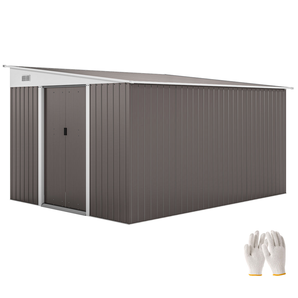 Grey steel garden shed with double sliding doors and 2 vents