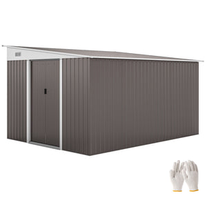 Grey steel garden shed with double sliding doors and 2 vents