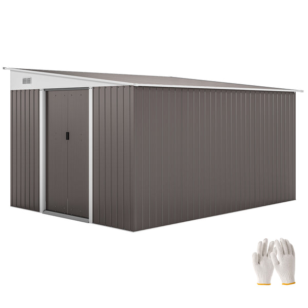 Grey steel garden shed with double sliding doors and 2 vents