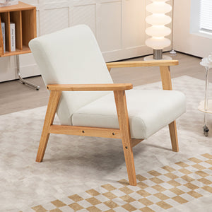 Retro fabric accent chair with wooden armrests, cream white