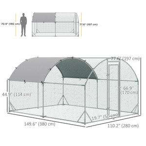 Large galvanized metal chicken coop with outdoor run
