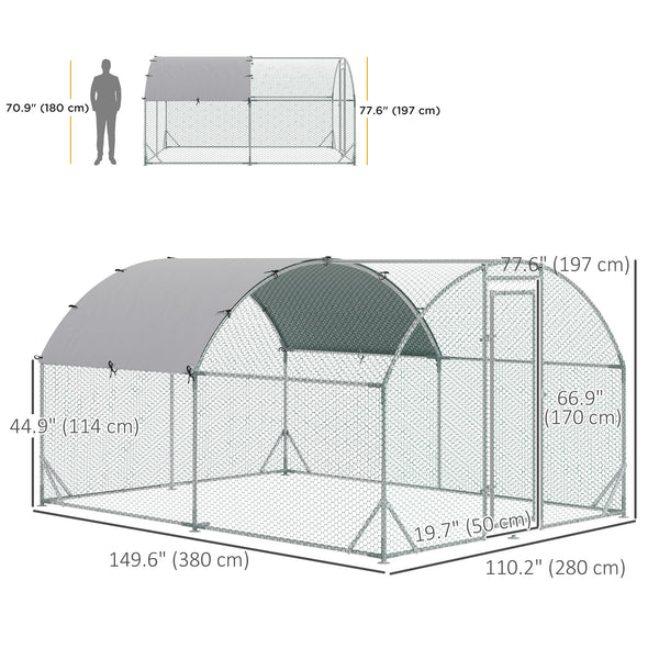 Large galvanized metal chicken coop with outdoor run