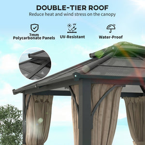 10' x 10' rigid gazebo with double polycarbonate roof, mosquito netting, and curtains, khaki 