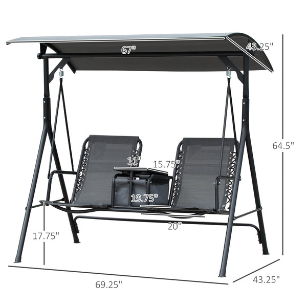 Swing for 2 people with swiveling storage table, grey