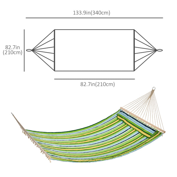 Double hammock for 2 people with pillow, green and blue stripes
