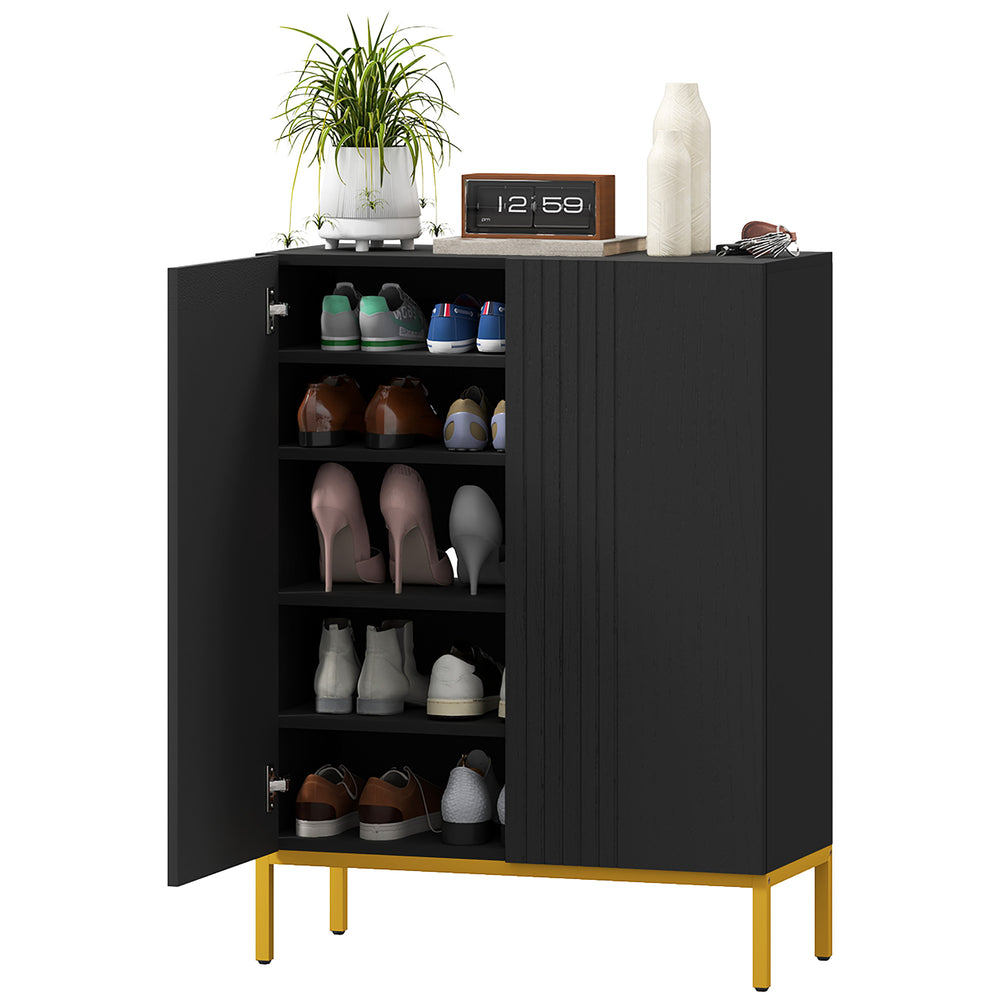 Shoe cabinet with adjustable shelves and soft-close hinges, for 15 to 20 pairs of shoes, black
