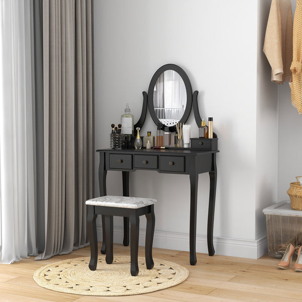 Dressing table with stool and 360° rotating oval mirror, black