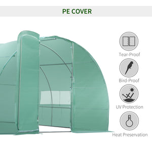 Tunnel greenhouse with drainage, PE cover, sturdy steel frame, green
