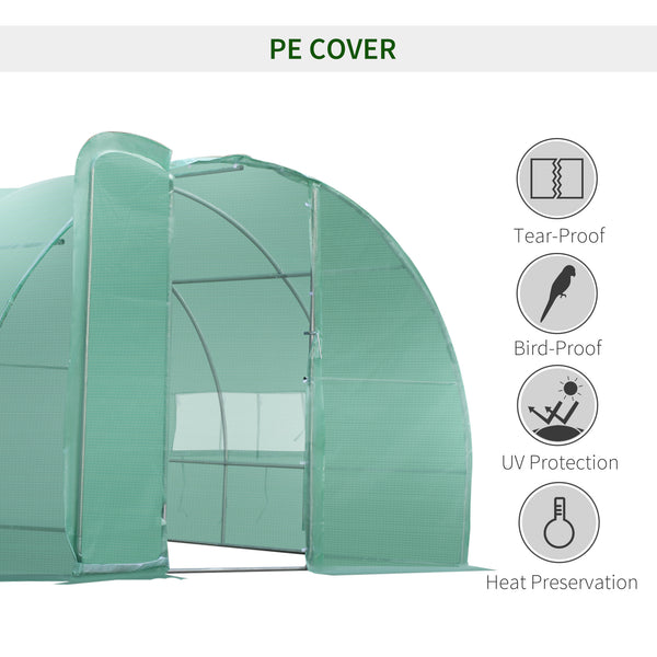 Tunnel greenhouse with drainage, PE cover, sturdy steel frame, green