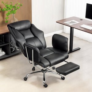 Upholstered reclining office chair with high backrest, faux leather upholstery, footrest, swivel casters, black