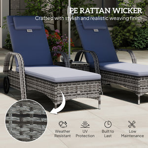 3 Pieces Patio Rattan Chaise Lounge Set, Outdoor PE Wicker Reclining Lounger Furniture Set, Adjustable Portable with Wheeled & Side Table, Grey